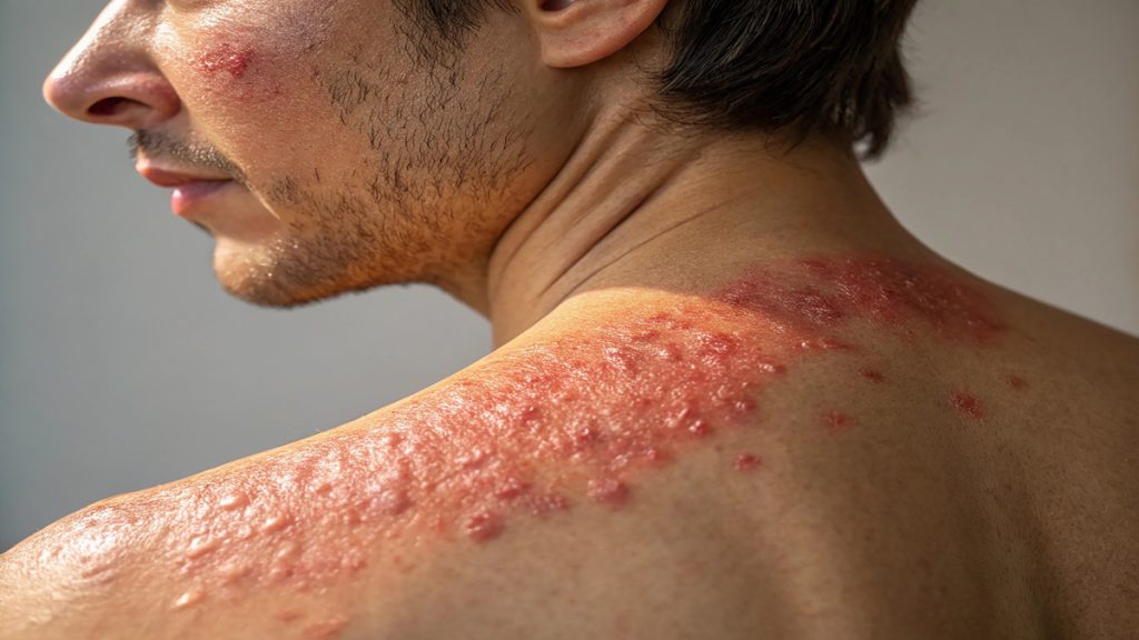 Éruption cutanée du zona sur l'épaule d'un homme.