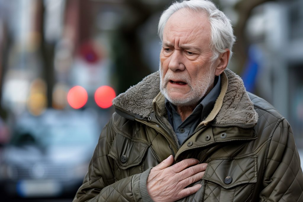 Homme âgé ayant une douleur à la poitrine dans la rue.