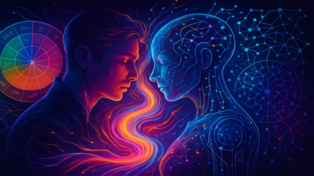 Illustration d'un humain face à un androïde avec des connexions neuronales et des flux de lumières colorées.