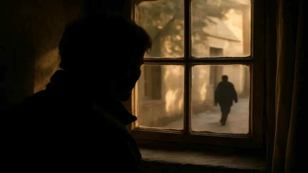 Silhouette d'une personne regardant par la fenêtre une autre silhouette à l'extérieur