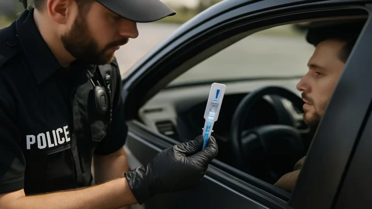 Agent de police montrant un test salivaire à un conducteur.