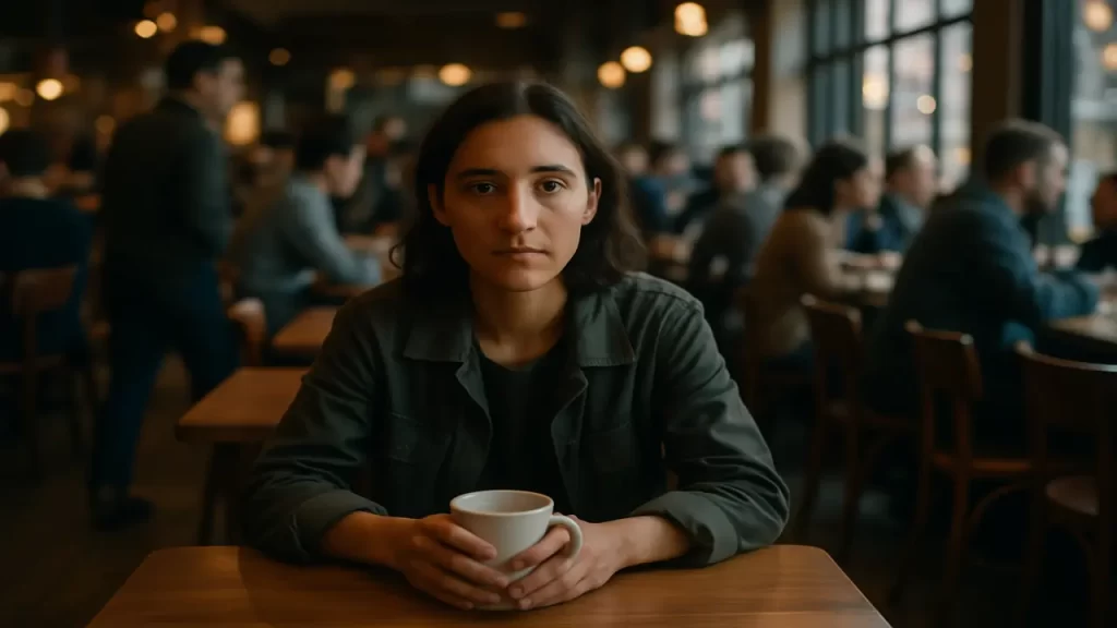 Personne assise seule dans un café, tenant une tasse.