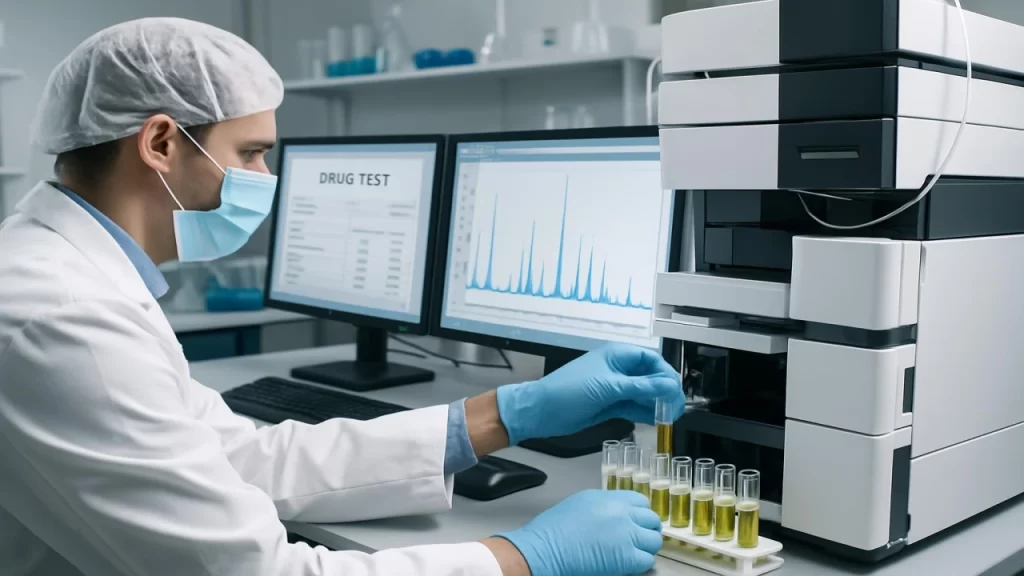 Technicien de laboratoire effectuant une analyse de dépistage de drogue avec des échantillons d'urine.