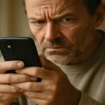 Homme regardant intensément son téléphone avec un air méfiant.