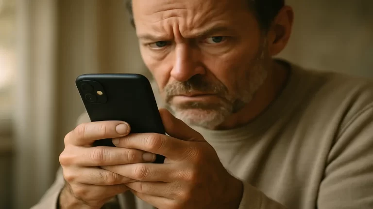 Homme regardant intensément son téléphone avec un air méfiant.