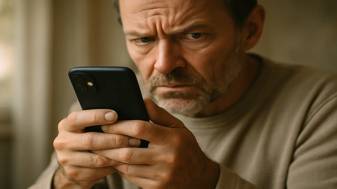 Homme regardant intensément son téléphone avec un air méfiant.