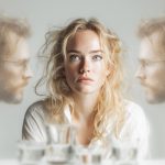 Une femme au visage pensif entourée de deux visages flous et identiques d'un homme.