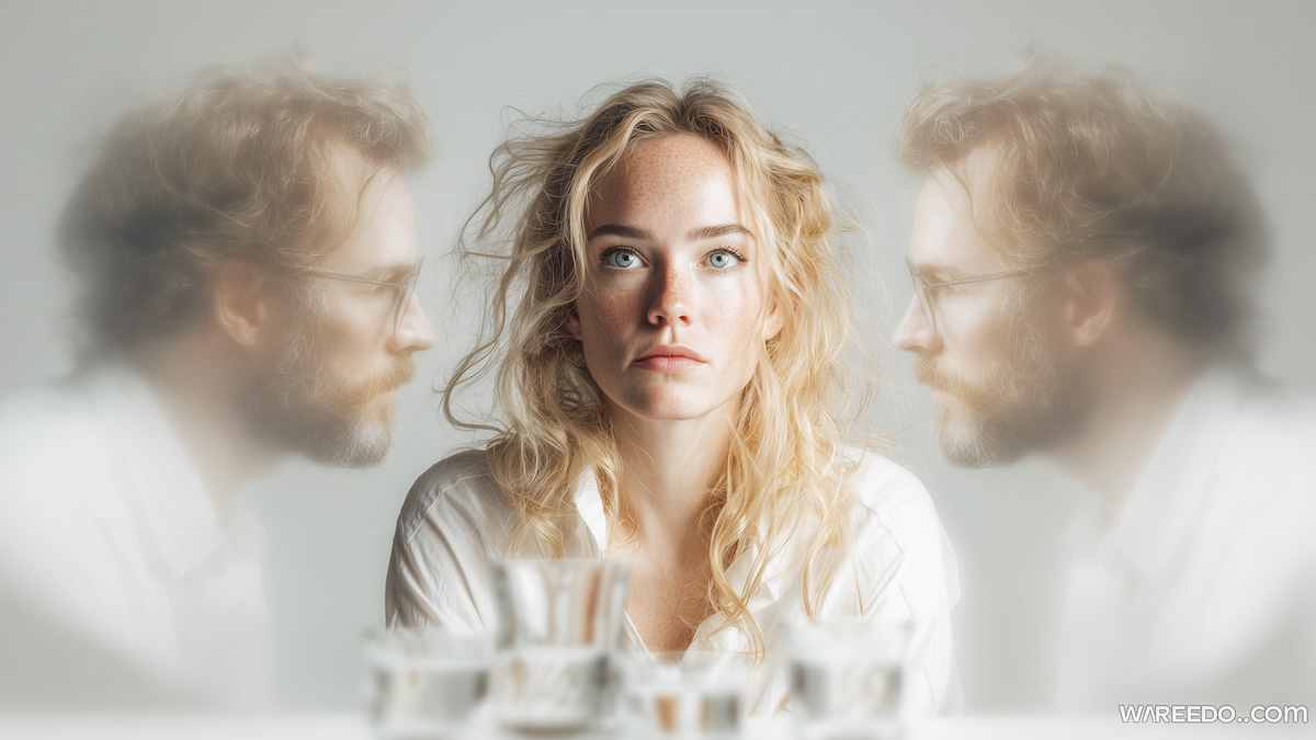 Une femme au visage pensif entourée de deux visages flous et identiques d'un homme.