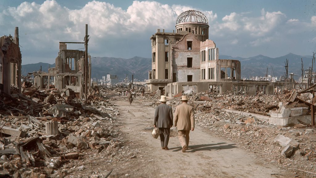 Ville d'Hiroshima en ruines après l'explosion atomique, avec des bâtiments détruits et des débris.