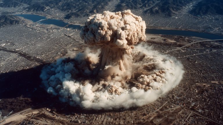 Nuage de champignon d'une explosion nucléaire au-dessus d'une ville.