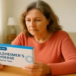 Femme tenant un kit de test sanguin pour la maladie d'Alzheimer à domicile