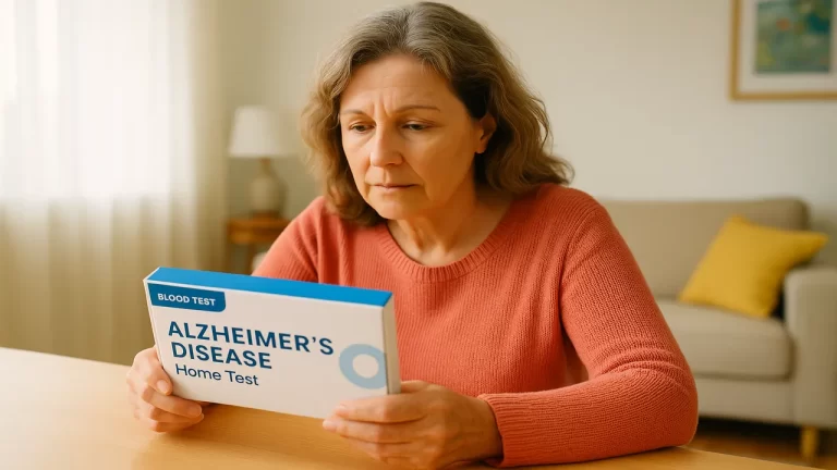 Femme tenant un kit de test sanguin pour la maladie d'Alzheimer à domicile