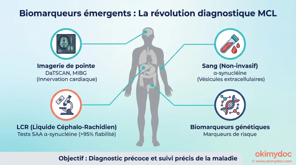 Schéma des biomarqueurs émergents pour le diagnostic de la maladie à corps de Lewy.
