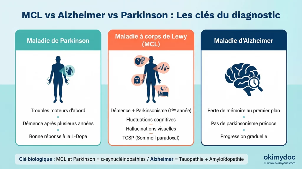 Comparaison des symptômes des maladies de Parkinson, à corps de Lewy et d'Alzheimer.