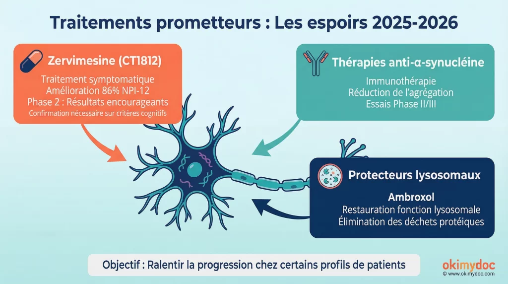 Infographie sur les traitements prometteurs pour la maladie à corps de Lewy en 2025-2026.
