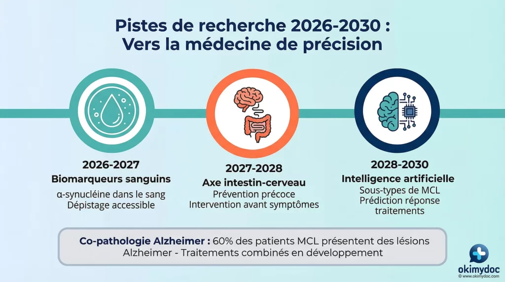 Illustration des pistes de recherche pour la maladie à corps de Lewy entre 2026 et 2030.