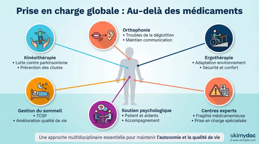 Illustration de la prise en charge globale au-delà des médicaments pour la maladie à corps de Lewy.