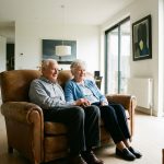 Un couple âgé assis ensemble sur un canapé, regardant la télévision dans leur salon lumineux.