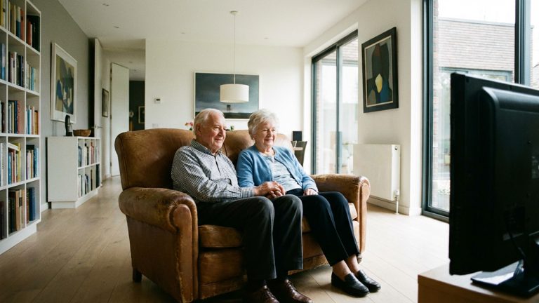 Un couple âgé assis ensemble sur un canapé, regardant la télévision dans leur salon lumineux.