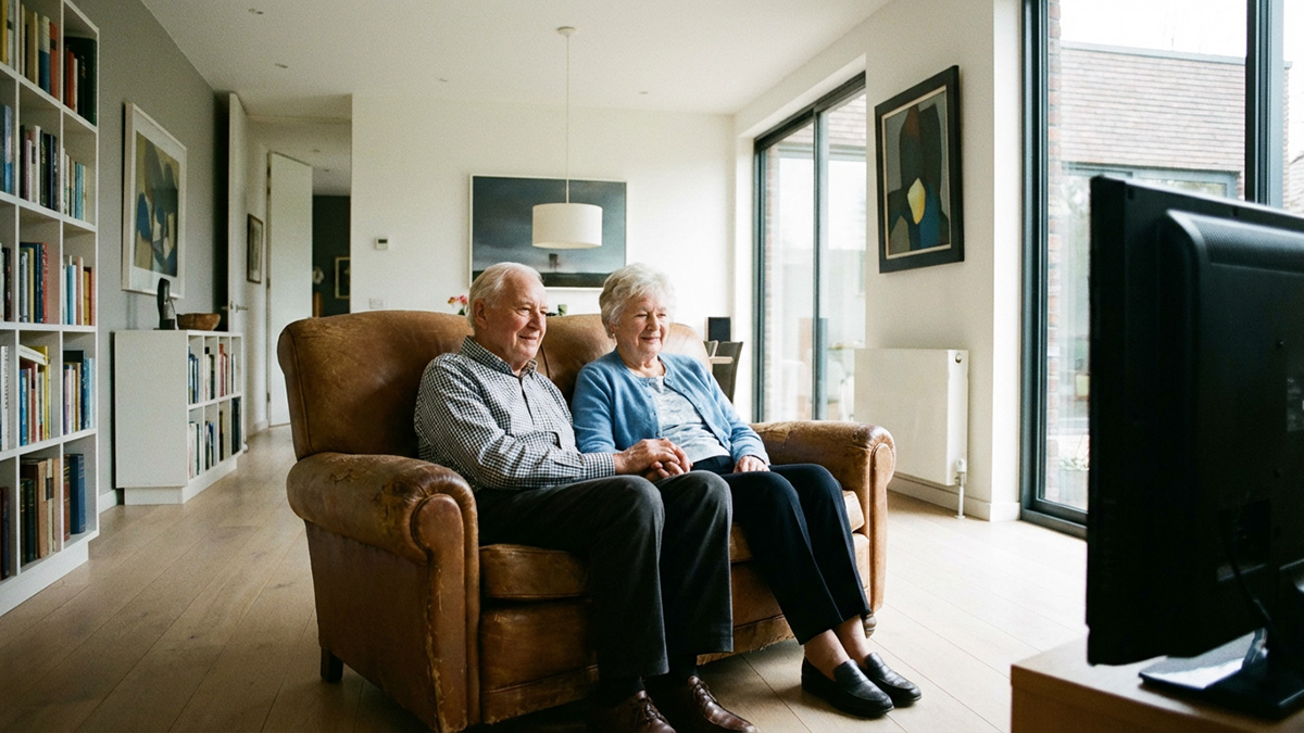 Un couple âgé assis ensemble sur un canapé, regardant la télévision dans leur salon lumineux.