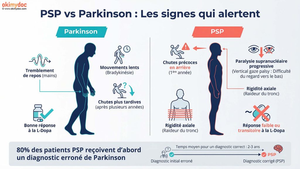 Infographie comparant les signes de la maladie de Parkinson et de la paralysie supranucléaire progressive.