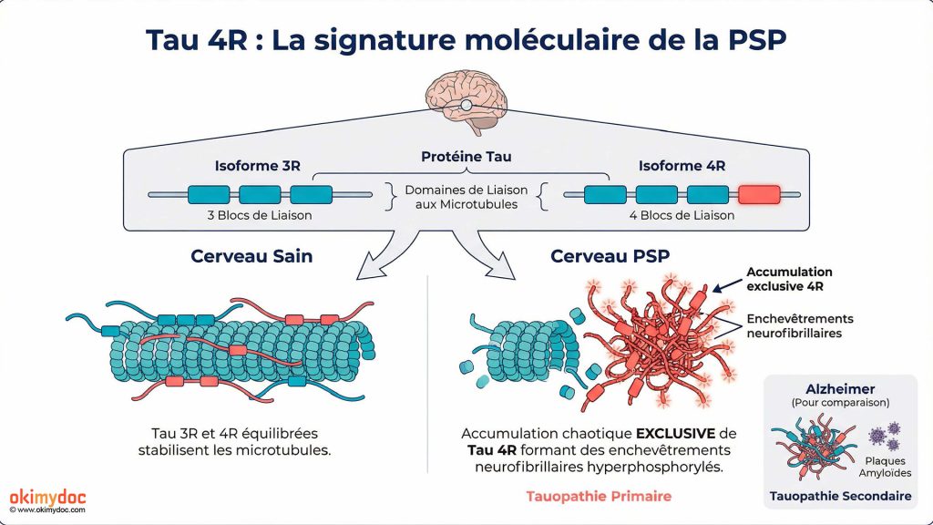 Comparaison des accumulations de protéine tau dans un cerveau sain et un cerveau atteint de PSP.
