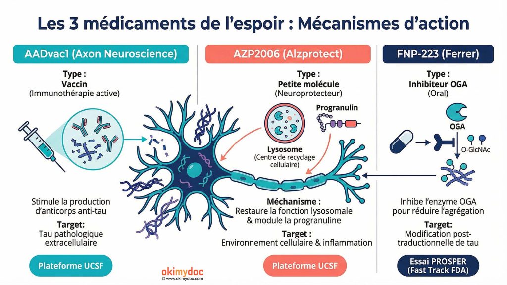 Illustration présentant les mécanismes d'action de trois médicaments pour la PSP : AADvac1, AZP2006 et FNP-223.