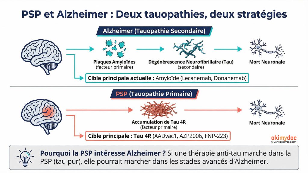 Comparaison des mécanismes pathologiques entre Alzheimer et la PSP.
