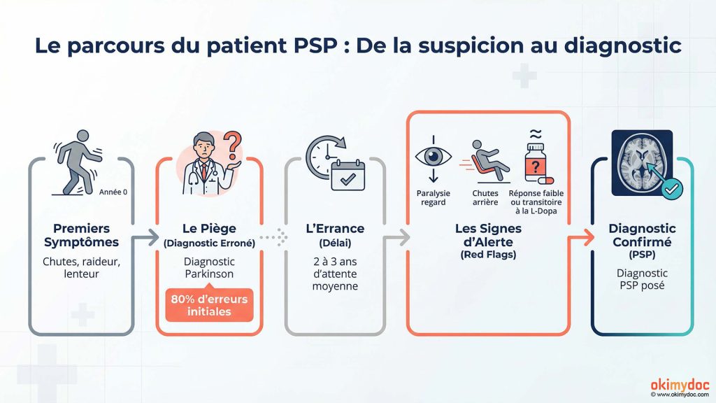 Infographie décrivant le parcours du patient atteint de paralysie supranucléaire progressive (PSP) depuis la suspicion jusqu'au diagnostic.