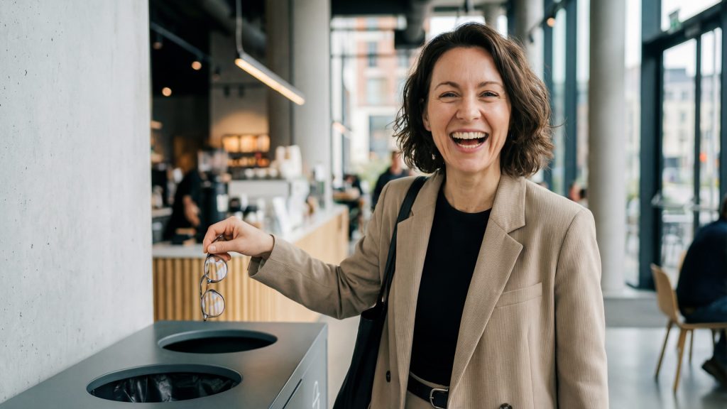 Femme souriante jetant ses lunettes dans une poubelle dans un café moderne.