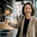 Femme souriante jetant ses lunettes dans une poubelle dans un café moderne.