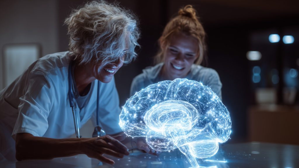 Un médecin et une patiente regardant un hologramme transparent de cerveau.