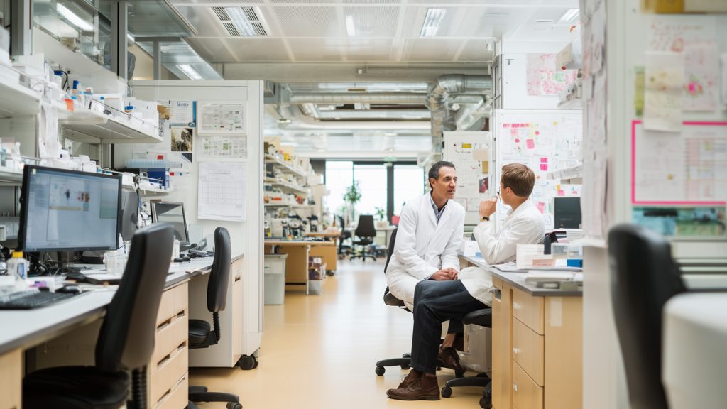 Deux scientifiques discutant dans un laboratoire moderne équipé d'équipements de recherche.