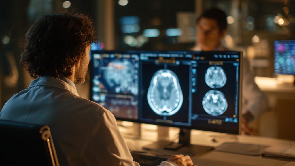 Deux médecins analysent des scans cérébraux sur des écrans dans un environnement médical.