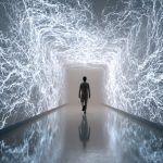 Une personne marchant dans un couloir entouré de motifs lumineux évoquant des connexions neuronales.