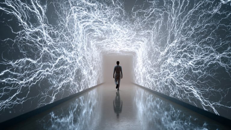 Une personne marchant dans un couloir entouré de motifs lumineux évoquant des connexions neuronales.