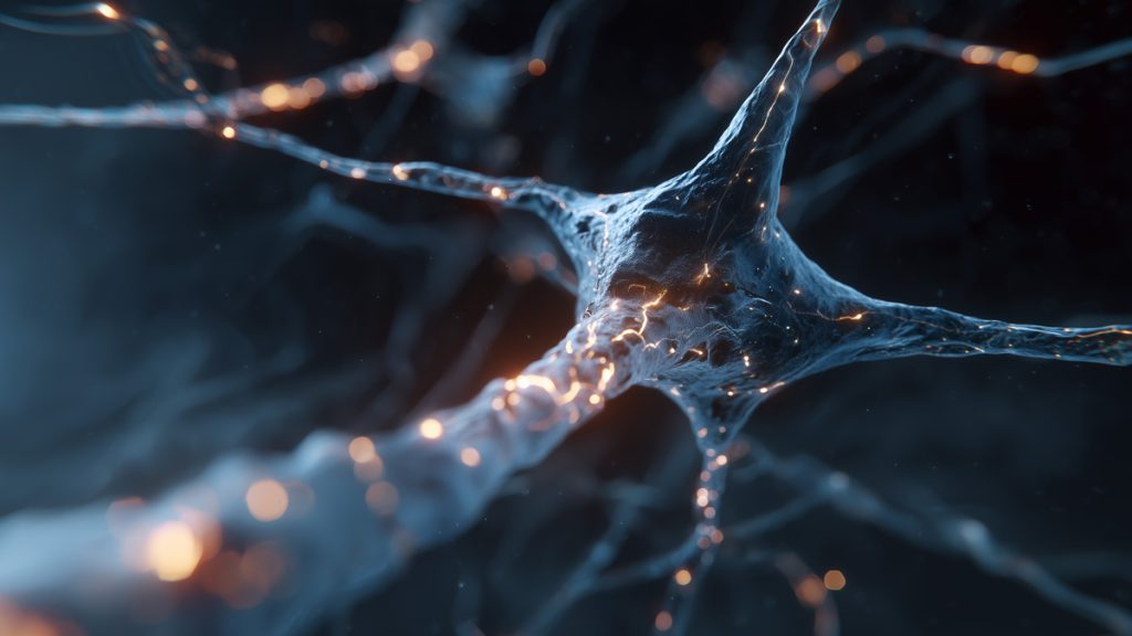 Visualisation artistique d'un neurone avec des connexions synaptiques.