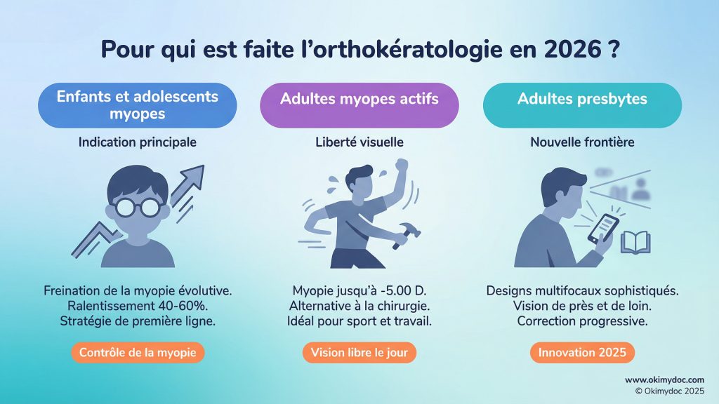 Infographie présentant les indications pour l'orthokératologie en 2026, incluant enfants myopes, adultes myopes actifs et adultes presbytes.