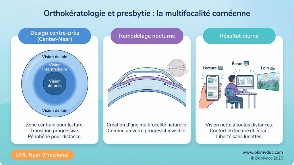 Infographie sur l'orthokératologie et la presbytie montrant la multifocalité cornéenne avec un design centre-près, le remodelage nocturne et le résultat diurne.