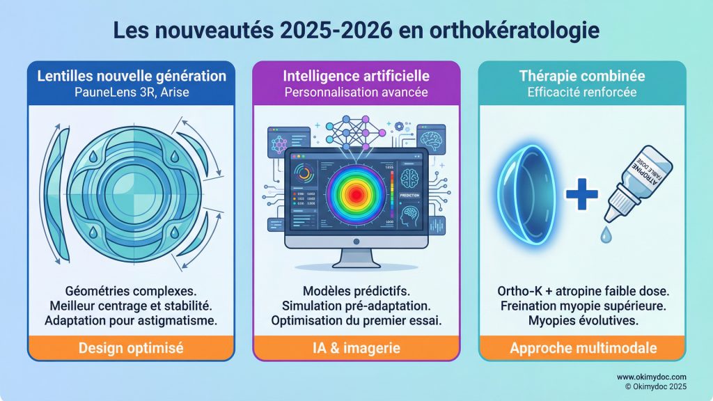Infographie sur les nouveautés 2025-2026 en orthokératologie incluant lentilles nouvelle génération, intelligence artificielle, et thérapie combinée.