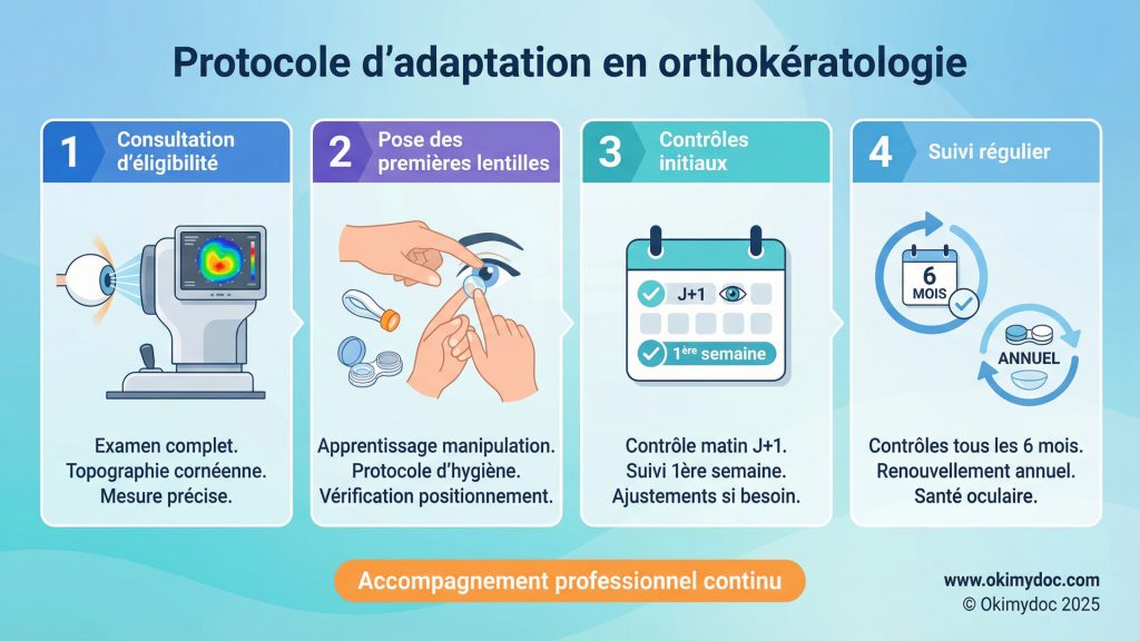 Infographie sur le protocole d'adaptation en orthokératologie en quatre étapes.