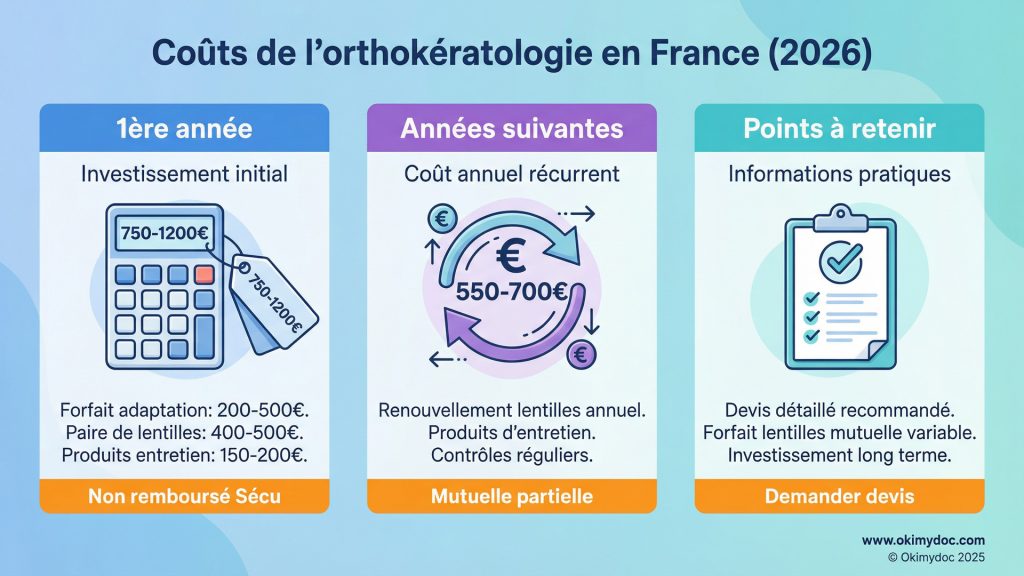 Infographie sur les coûts de l'orthokératologie en France pour 2026.