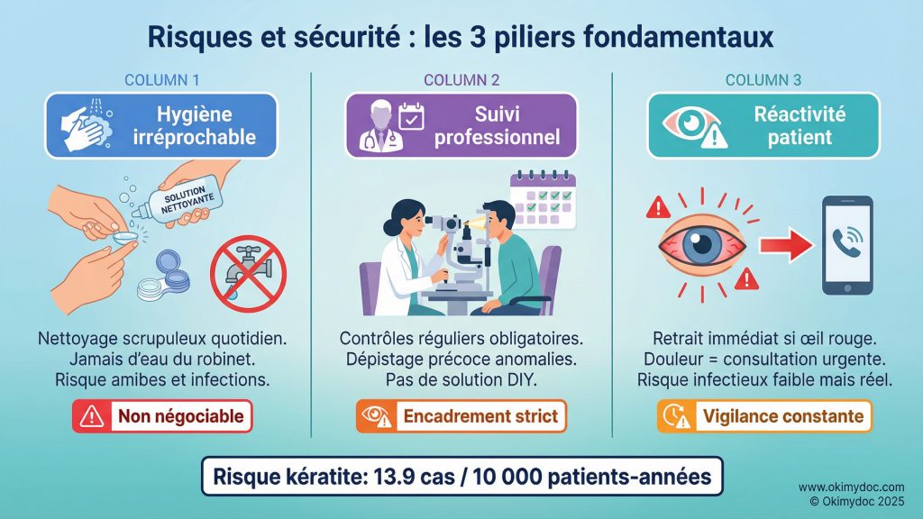 Infographie sur les trois piliers de la sécurité en orthokératologie : hygiène, suivi professionnel et réactivité du patient.