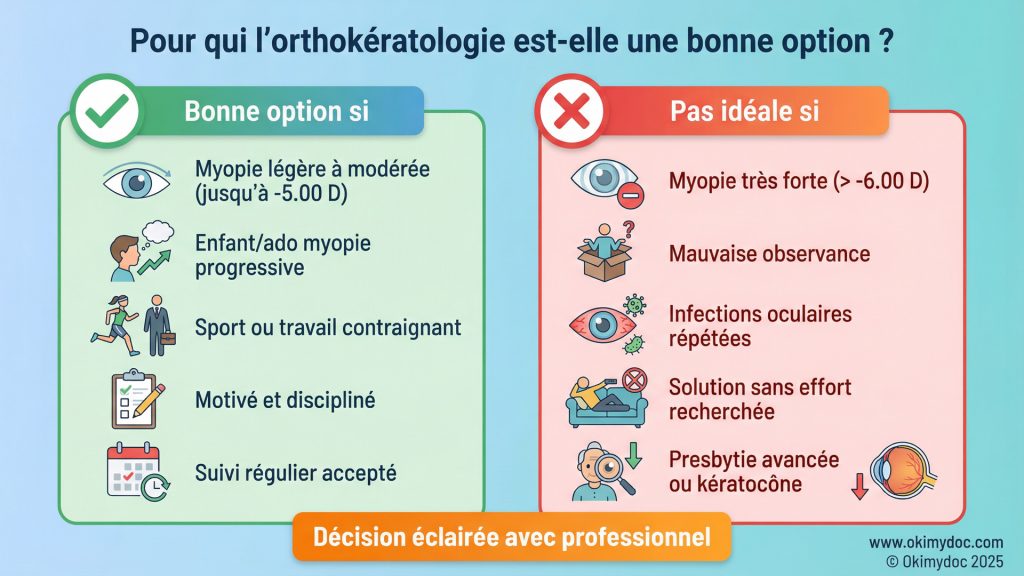 Infographie montrant pour qui l'orthokératologie est une bonne option ou non.