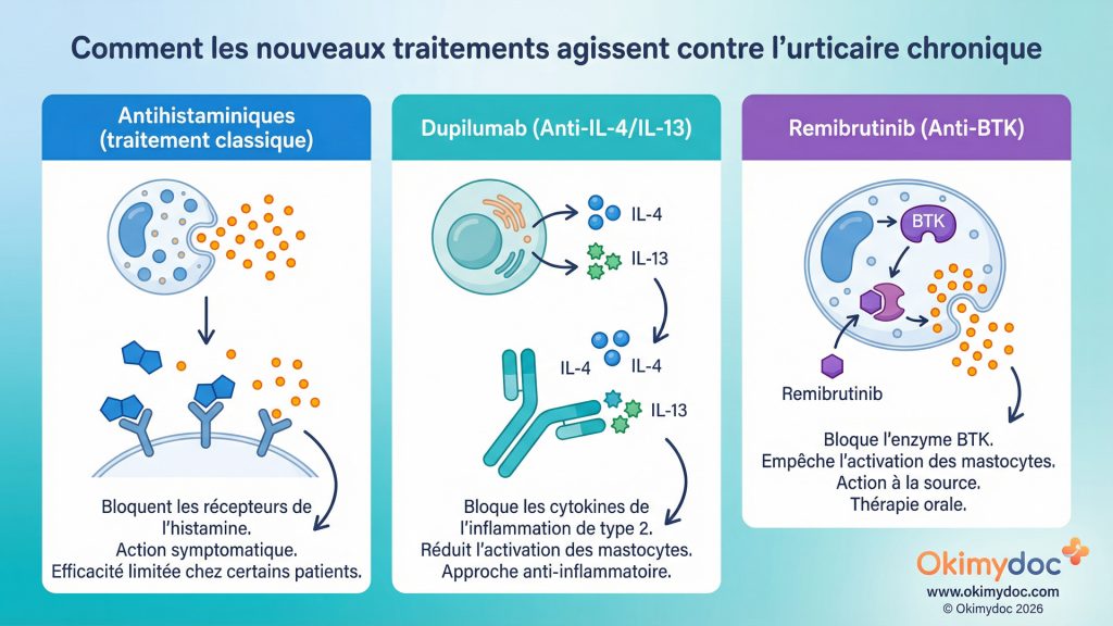Infographie comparant les traitements contre l'urticaire chronique : antihistaminiques, dupilumab et remibrutinib.