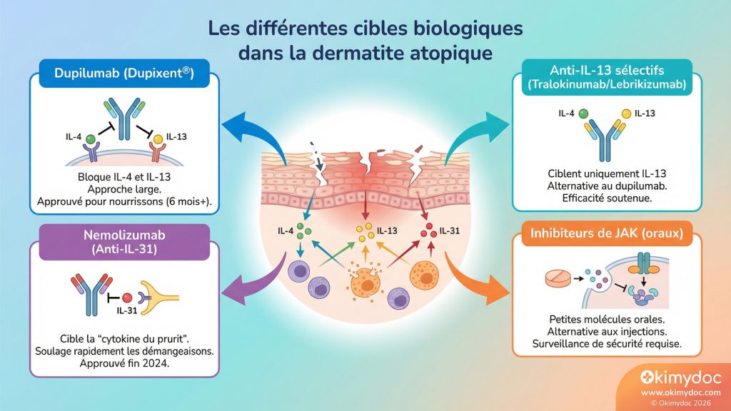 Infographie des cibles biologiques dans le traitement de la dermatite atopique.
