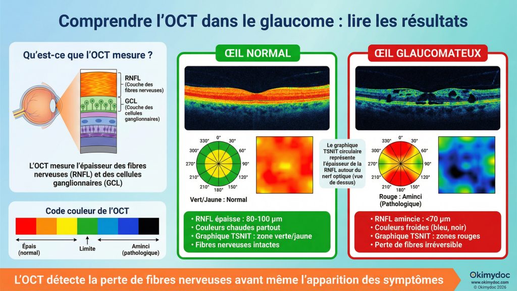 Comparaison de l'OCT entre un œil normal et un œil glaucomateux, montrant la différence d'épaisseur des fibres nerveuses.