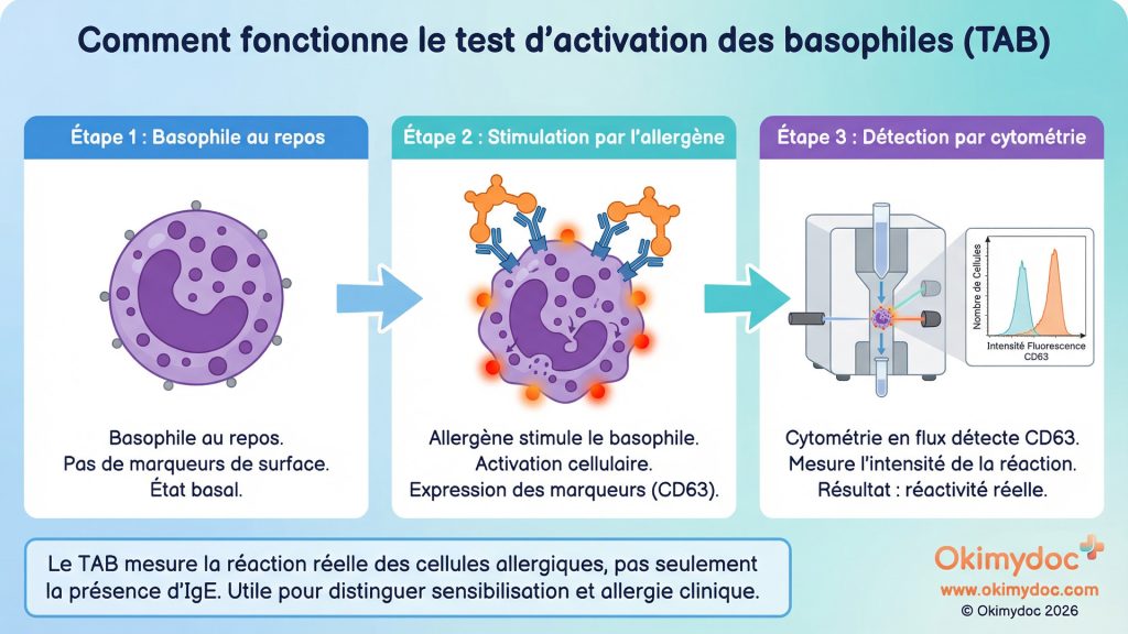 Illustration du processus du test d'activation des basophiles (TAB) en trois étapes : basophile au repos, stimulation par l'allergène, détection par cytométrie.