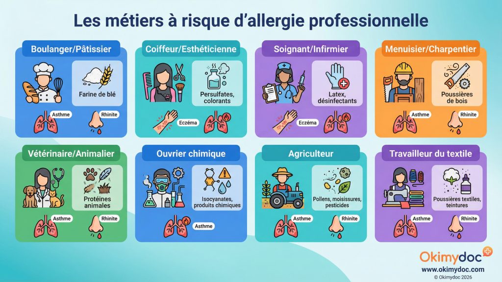Infographie des métiers à risque d'allergie professionnelle avec icônes d'allergènes et symptômes associés.