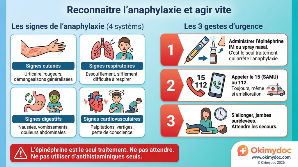 Infographie expliquant les signes de l'anaphylaxie et les gestes d'urgence à exécuter.